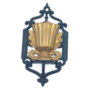 Antique Cast Iron Wall-Mounted Match Holder MatchSafe With Ornate Gold Design